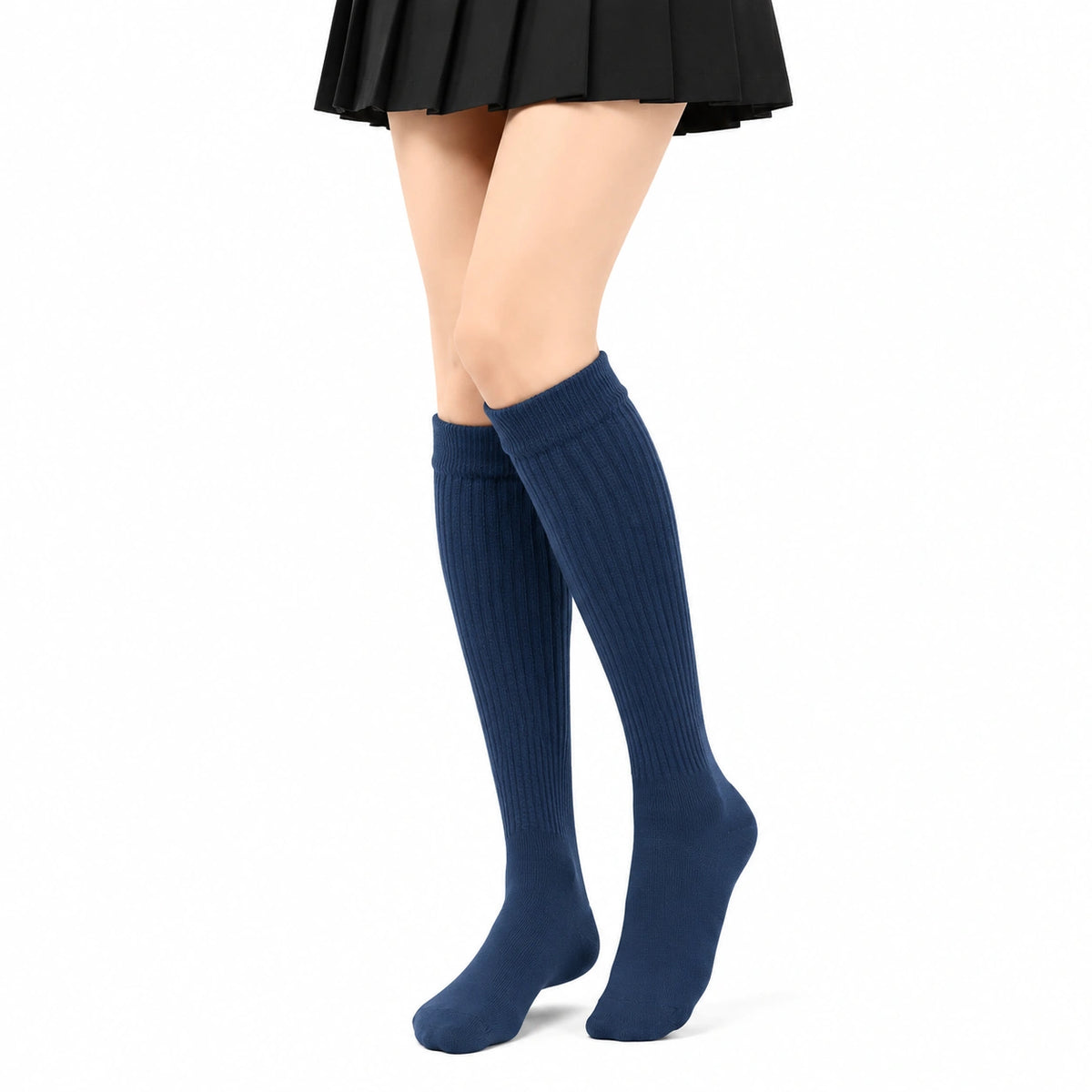 Chaussettes hautes femme 39-42 en maille côtelée bleu marine pour tenue quotidienne style classique