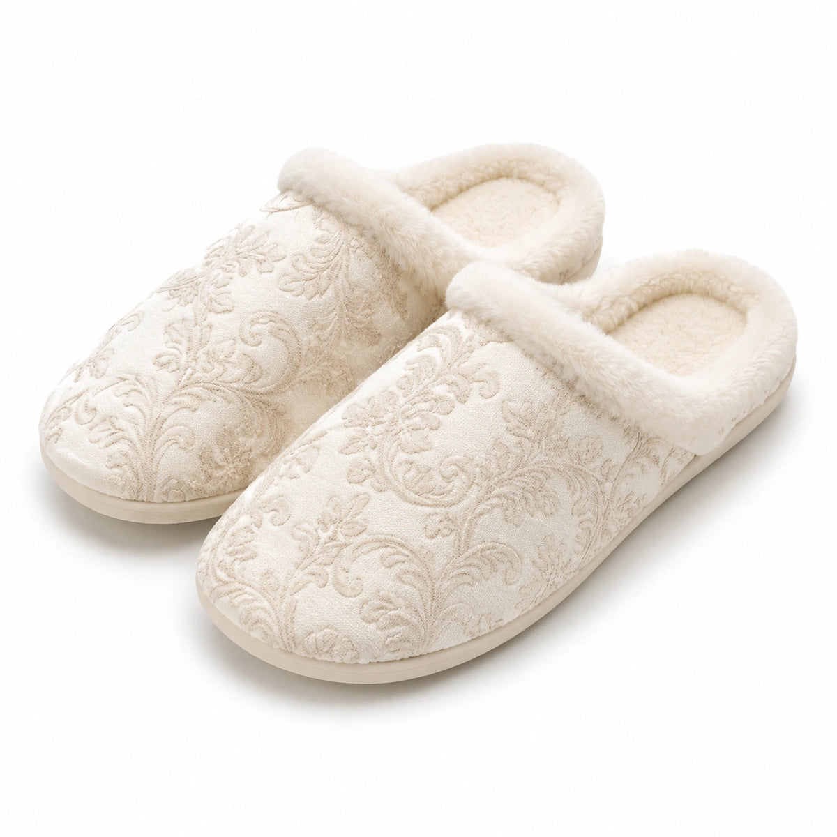 Chaussons femme taille 40/41 en textile crème à doublure douce - pantoufles d'intérieur à motif floral